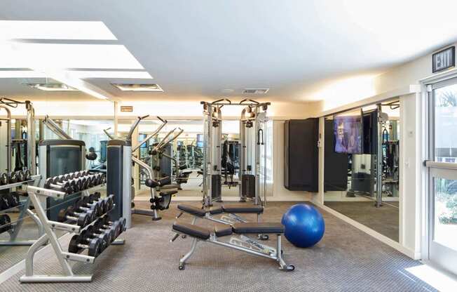 a gym with weights and cardio equipment in a building with windows