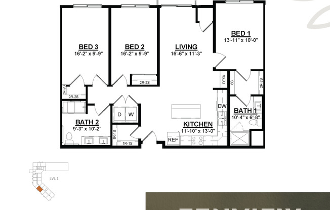 3 beds, 2 baths, 1,297 sqft, $2,545, Unit 207