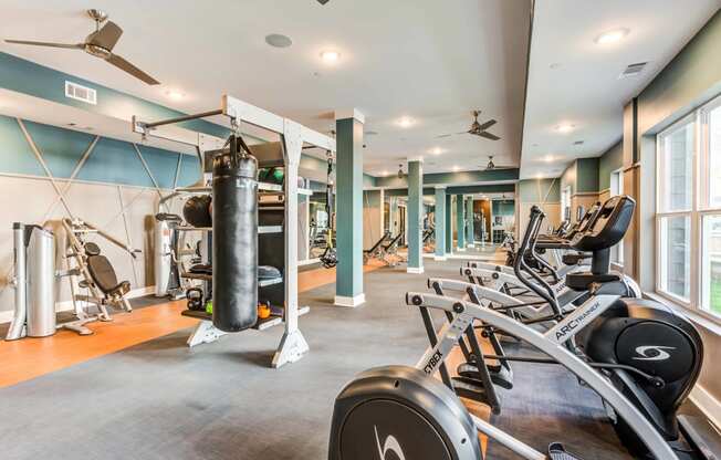 a gym with weights and a punching bag on the floor