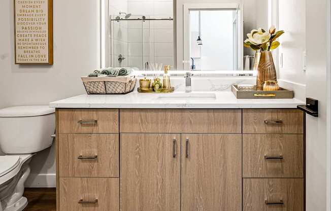 A bathroom with a wooden vanity and a mirror above it.