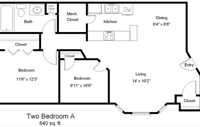 2 beds, 1 bath, 840 sqft, $1,090, Unit 6E