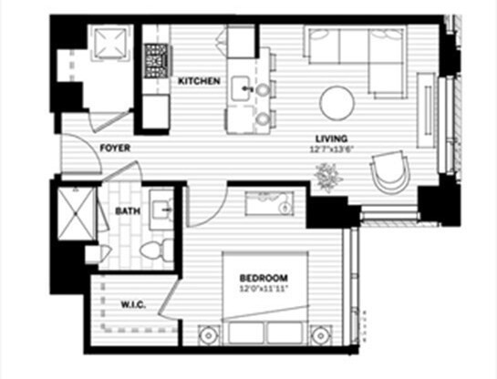 1 bed, 1 bath, 651 sqft, $5,200, Unit 819