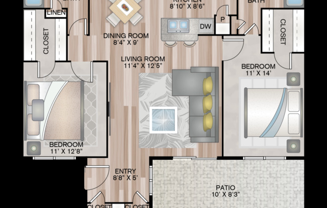 2 beds, 2 baths, 1,100 sqft, $1,291
