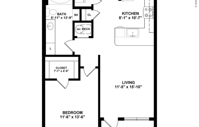 1 bed, 1 bath, 623 sqft, $1,385