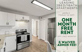 A promotional image for leasing apartments with a one month free rent offer.
