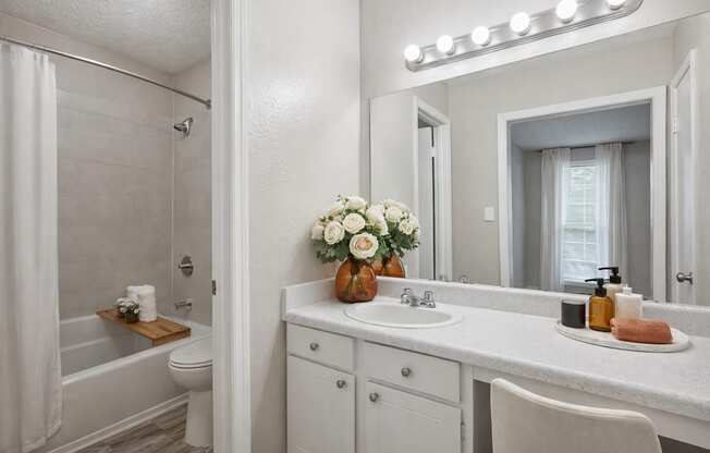 A white bathroom with a vanity, toilet, and a shower.