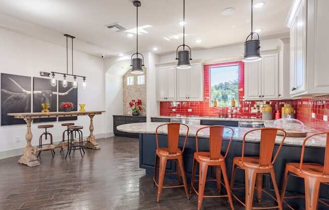 Clubroom Kitchen and Dining Room with Stools and Chairs