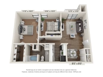 2 beds, 1 bath, 851 sqft, $1,121