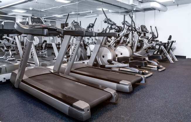 a row of treadmills and other exercise equipment in a gym