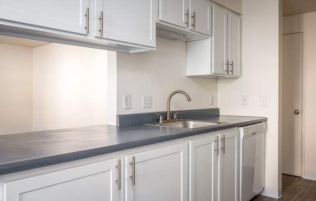 a kitchen with white cabinets and a sink