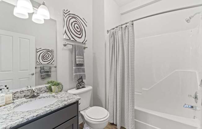 A bathroom with a white toilet, a sink, and a shower.