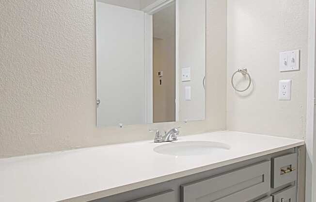 a bathroom with gray cabinets and white countertops