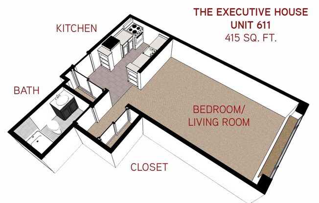 Studio, 1 bath, 360 sqft, $950, Unit 611