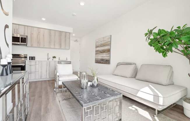 a living room with a couch and a table