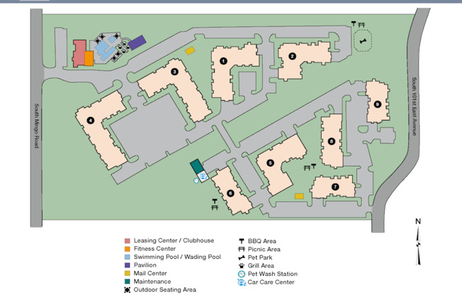 A map of a community with a leasing center, fitness center, swimming pool, and other amenities.