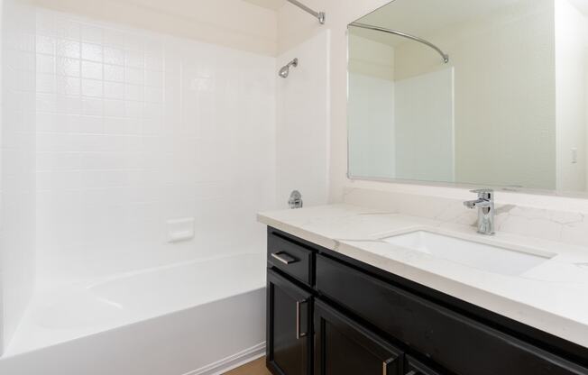 a bathroom with a sink and a tub and a mirror