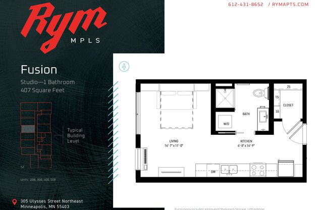 Studio, 1 bath, 407 sqft, $1,145, Unit 408