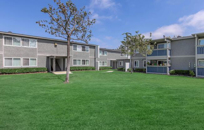 Lush green lawn in a landscaped apartment complex, featuring two-story buildings with gray exteriors. A small tree stands prominently in the foreground, and balconies can be seen on some of the upper floors. The sky is clear with a few scattered clouds.