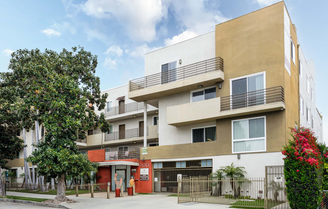 an apartment building with a sidewalk and a tree in front of it