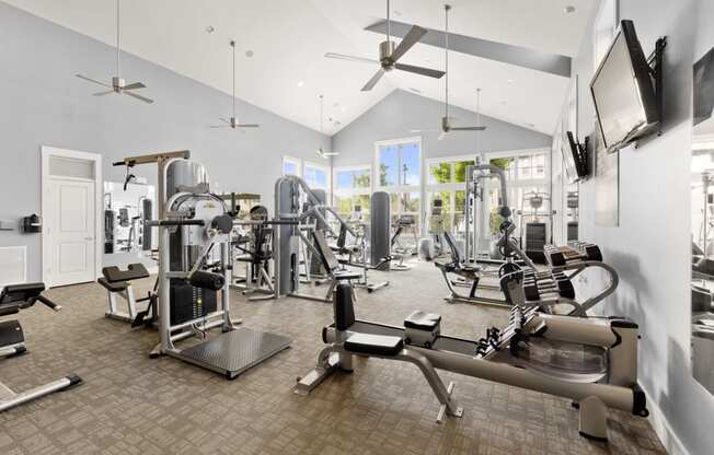 a gym with weights and cardio machines and a tv