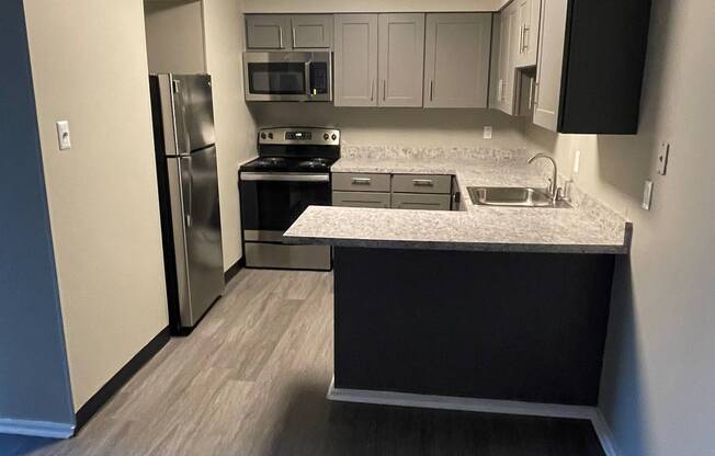 Upgraded Kitchen with Gray Cabinetry, Stainless Steel Appliances, New Countertops and Luxury Vinyl Plank Flooring