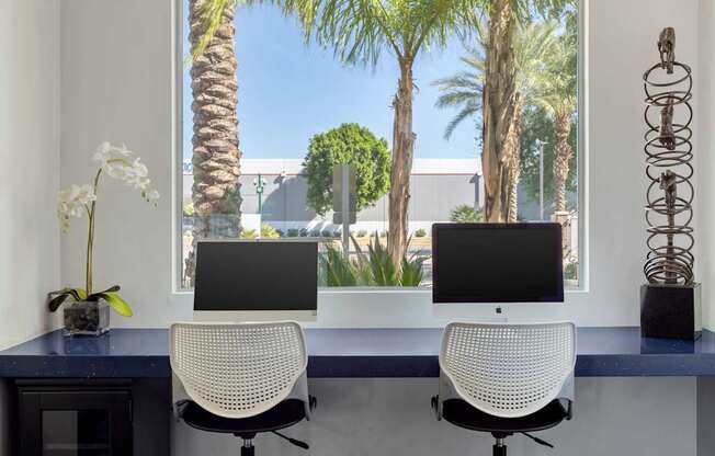 Two computer monitors are on a desk with a view of palm trees outside the window.