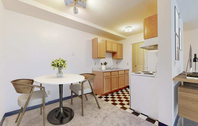 a kitchen and dining area in a 555 waverly unit