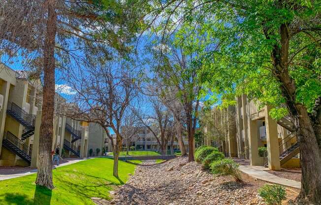 a view of a courtyard with trees and buildings
