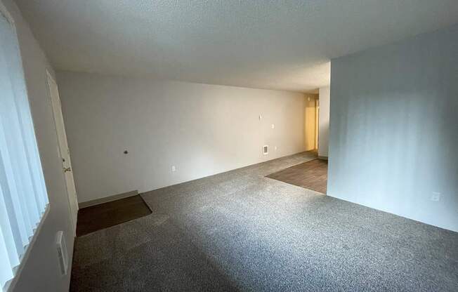 A room with a carpeted floor and a door in the background.