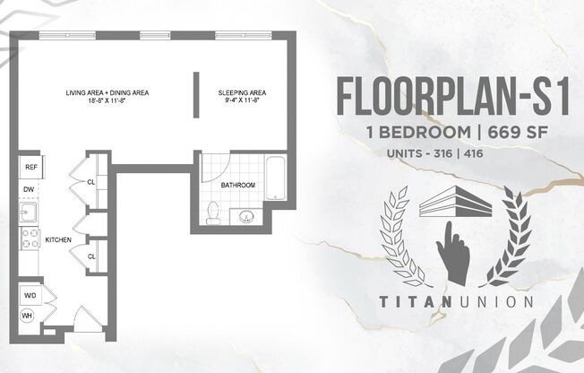 Studio, 1 bath, 669 sqft, $2,123, Unit 316