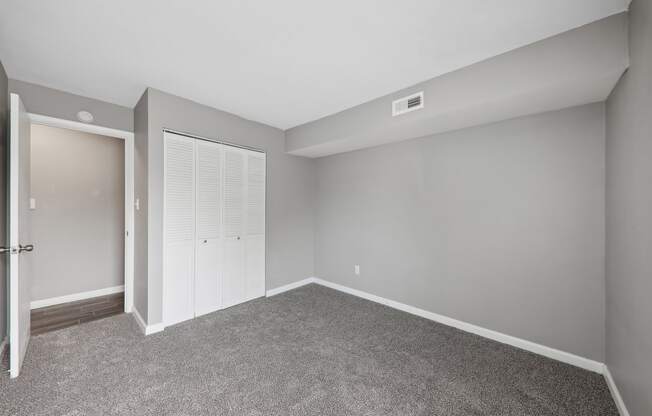 an empty room with carpet and a door to a closet