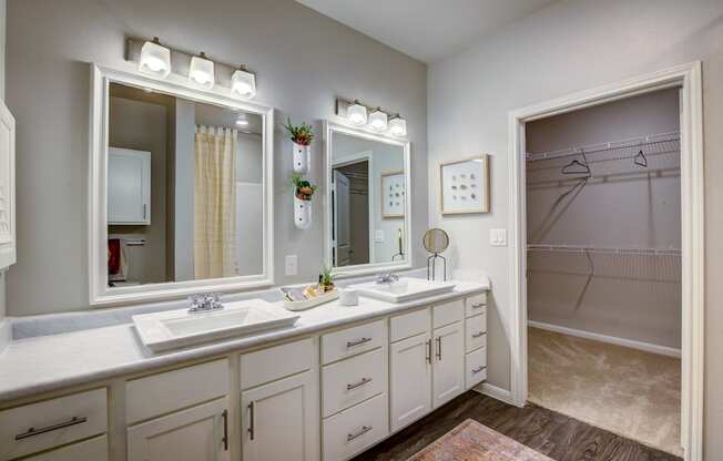 a bathroom with a large mirror and two sinks