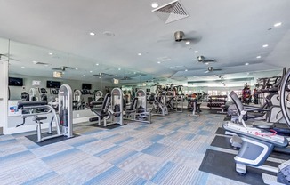 A gym with a variety of equipment including treadmills, weights, and exercise machines.