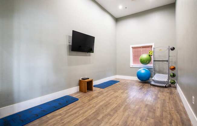 fitness room with yoga mats and exercise balls