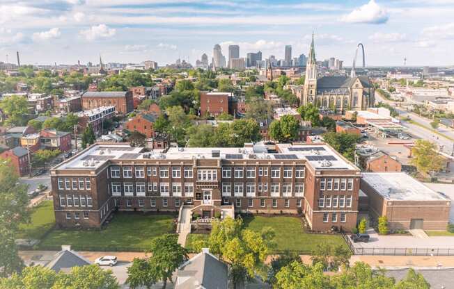 an aerial view with the city in the background