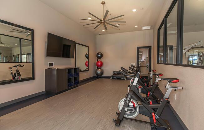 A fitness room featuring stationary exercise bikes, a large wall-mounted TV, and exercise balls arranged in the corner. The space has modern lighting and mirrors, creating an inviting atmosphere for workouts.