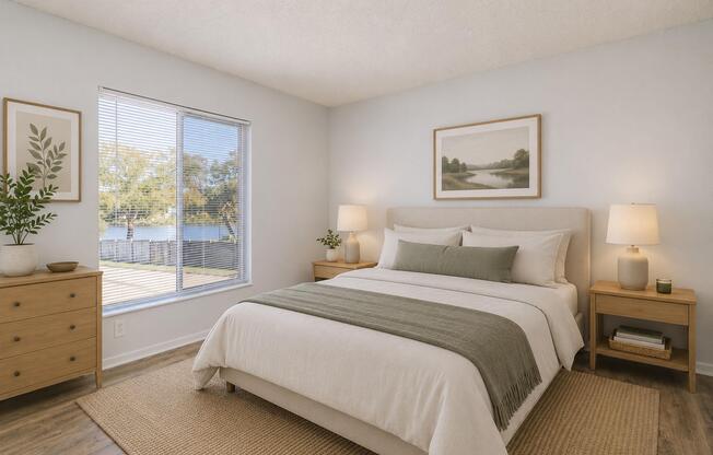 A serene bedroom featuring a soft bed with light bedding and a green throw. Two wooden nightstands with lamps are on either side, and a dresser is against the wall. A large window offers a view of trees and water outside, while a neutral color palette creates a calming atmosphere.
