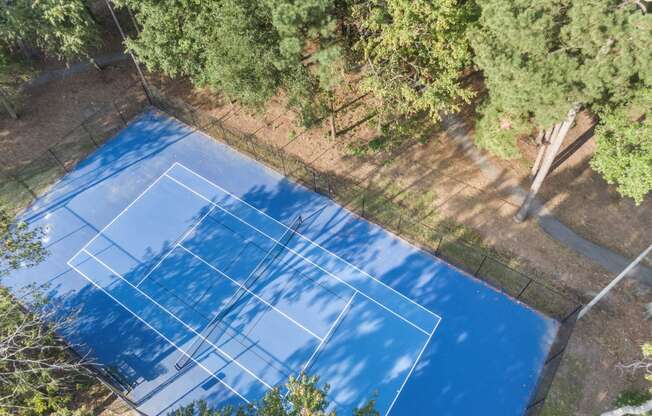 an aerial view of a tennis court surrounded by trees at Trails at Short Pump Apartments, Virginia