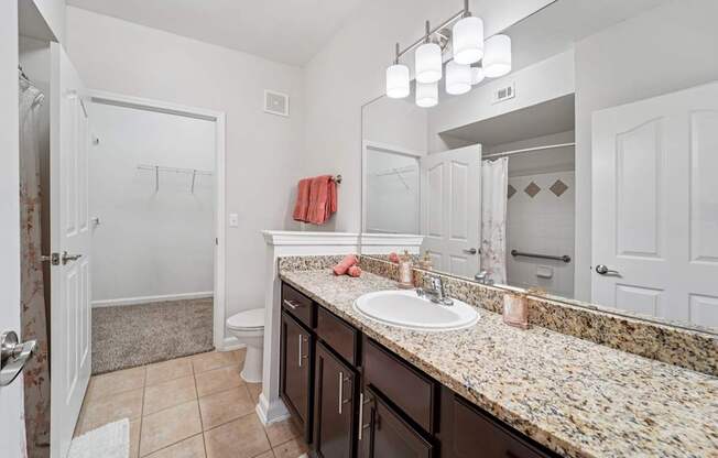 A bathroom with a granite countertop and a white sink.