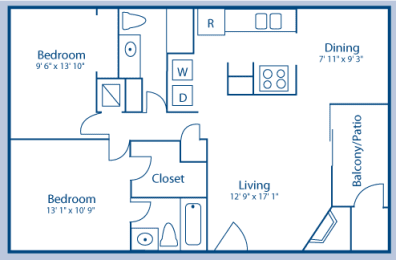 2 beds, 2 baths, 964 sqft, $1,359