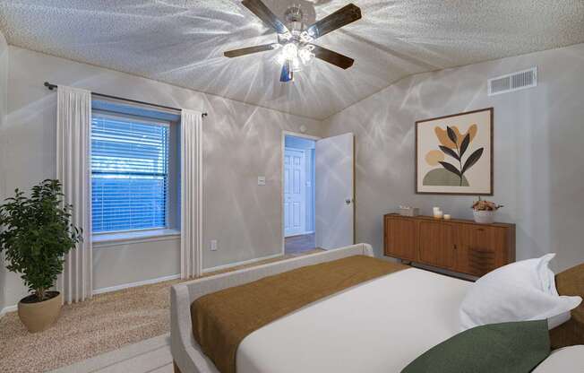 A bedroom with a bed, a ceiling fan, and a plant.