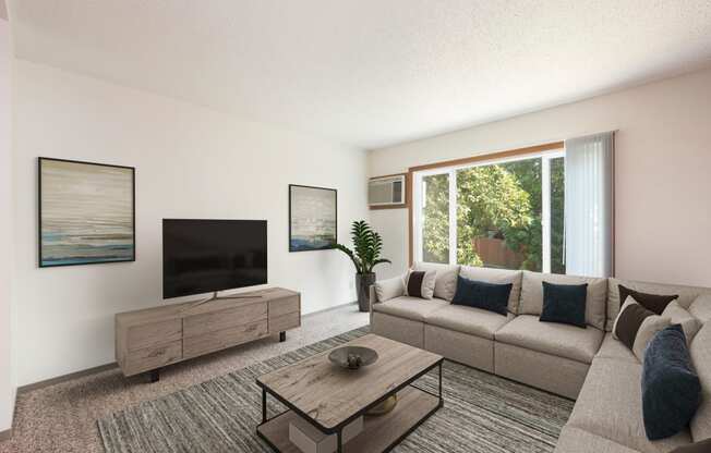 Bismarck, ND Bradbury Apartments. a living room with a couch and coffee table and a large window