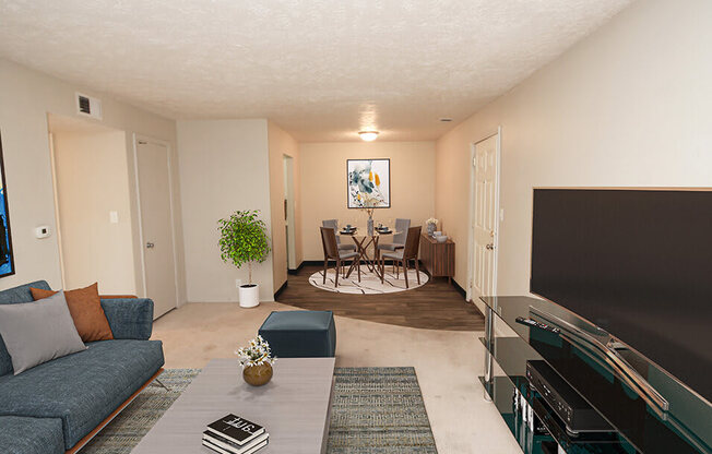 apartment living room with a couch a table and a tv