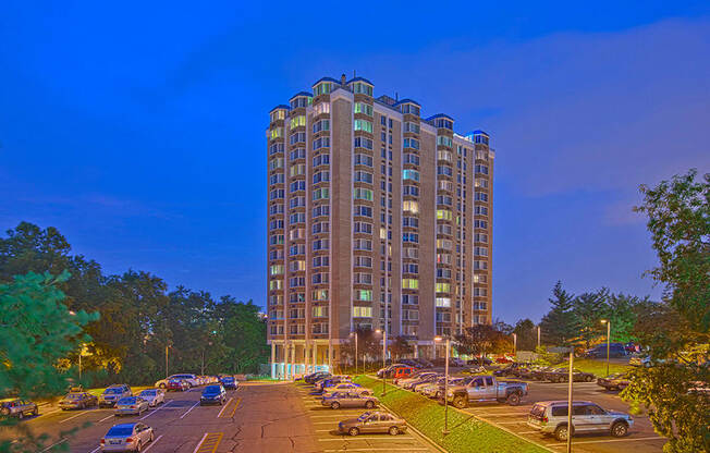 Key Towers exterior and parking lot at night