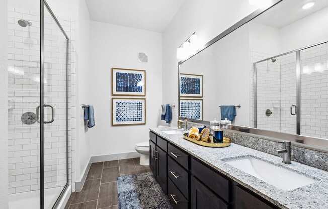 A bathroom with a walk-in shower, a sink, and a mirror.