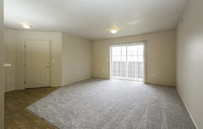 A large, empty room with a carpeted floor and a window with blinds.