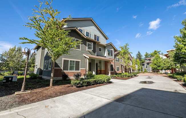 A residential area with a house and a tree in front.