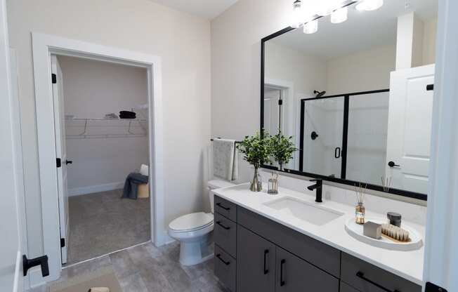 District at riverside brand new apartment community located in Chattanooga, TN apartment home bathroom with quartz countertops and walk in shower