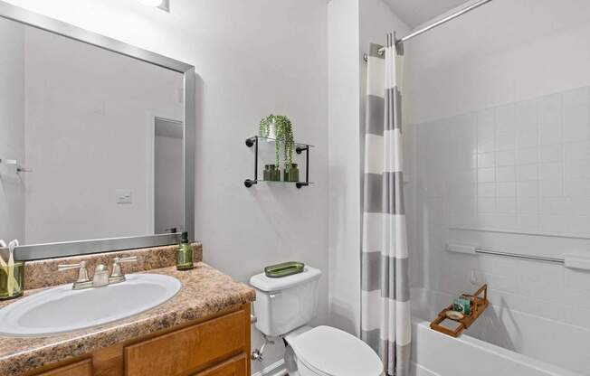 A bathroom with a white toilet and a striped shower curtain.
