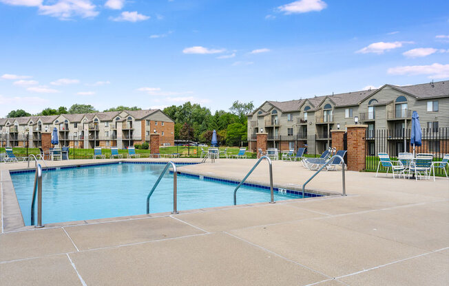 Outdoor Pool with Large Sundeck at Oak Shores Apartments, Oak Creek, Wisconsin
